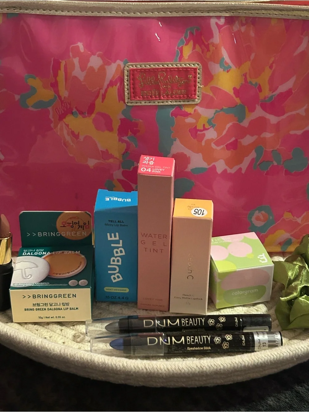 Estee Lauder Pink Floral Cosmetic Bag with Assorted Lipsticks & Tints